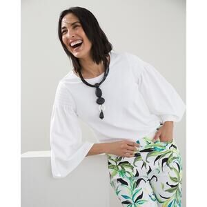 Chico's Women's White Casual 3/4 Sleeve Scoop Neck Smocked Shoulders SZ 3 US/XL